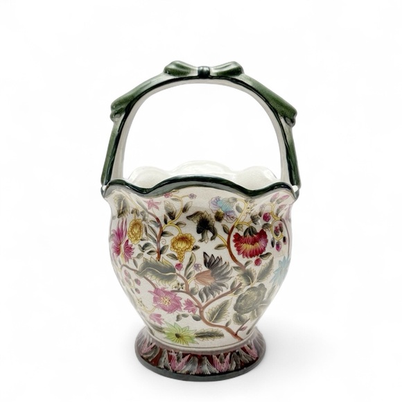 Vintage Nantucket Distributing Green Asian Floral Porcelain Basket Planter